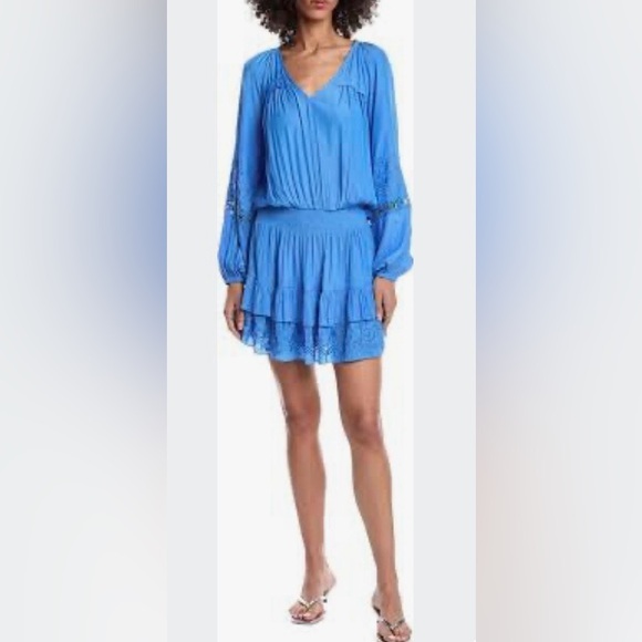 Ramy Brook Sabina Dress Blue Silk Tiered Mini Lace Detail Size M NWT - Picture 9 of 10